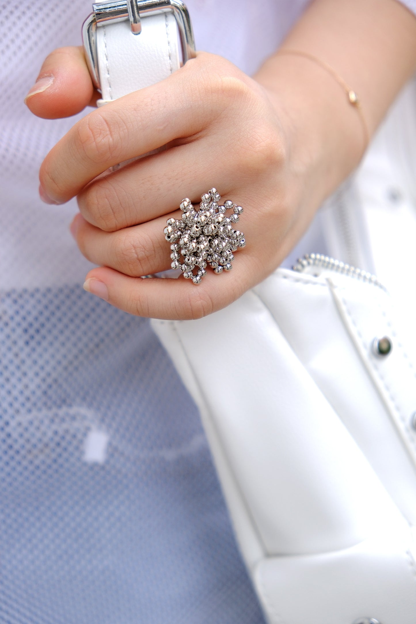 Silver Beads Flower Ring