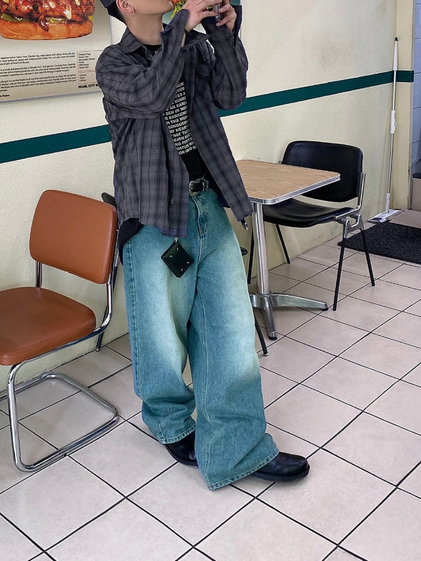 Color Washing Denim Wide Jeans
