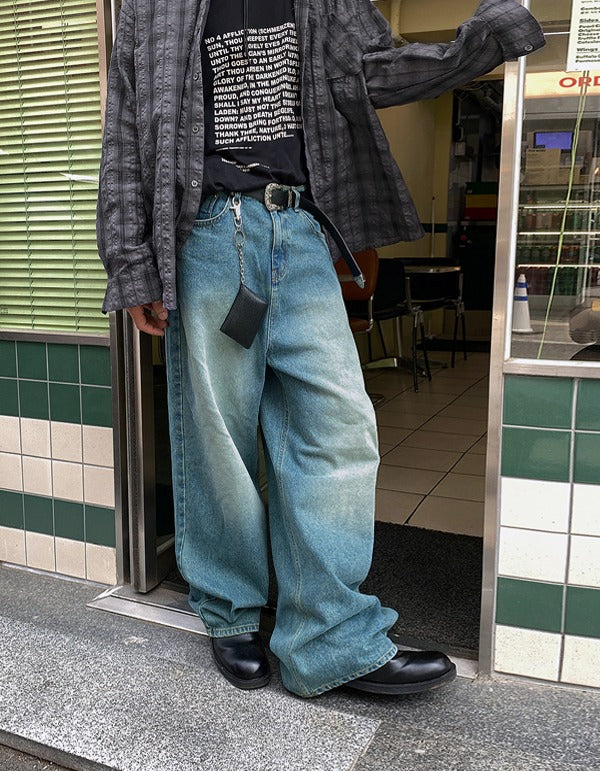 Color Washing Denim Wide Jeans