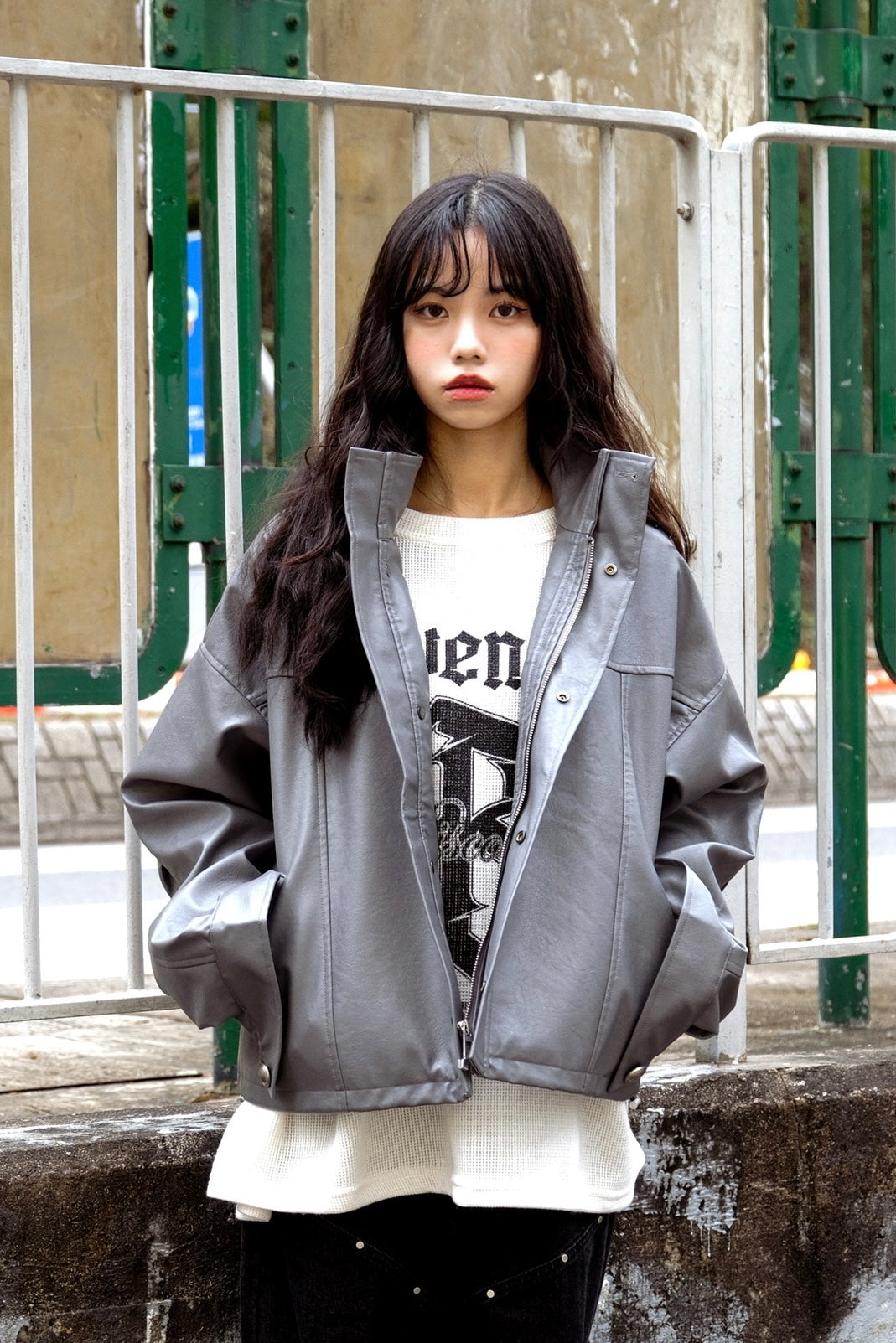 Eyelet crop leather jacket