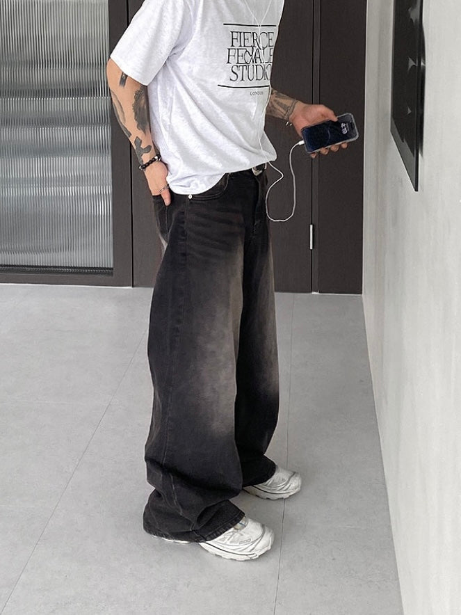 Color Washing Denim Wide Jeans
