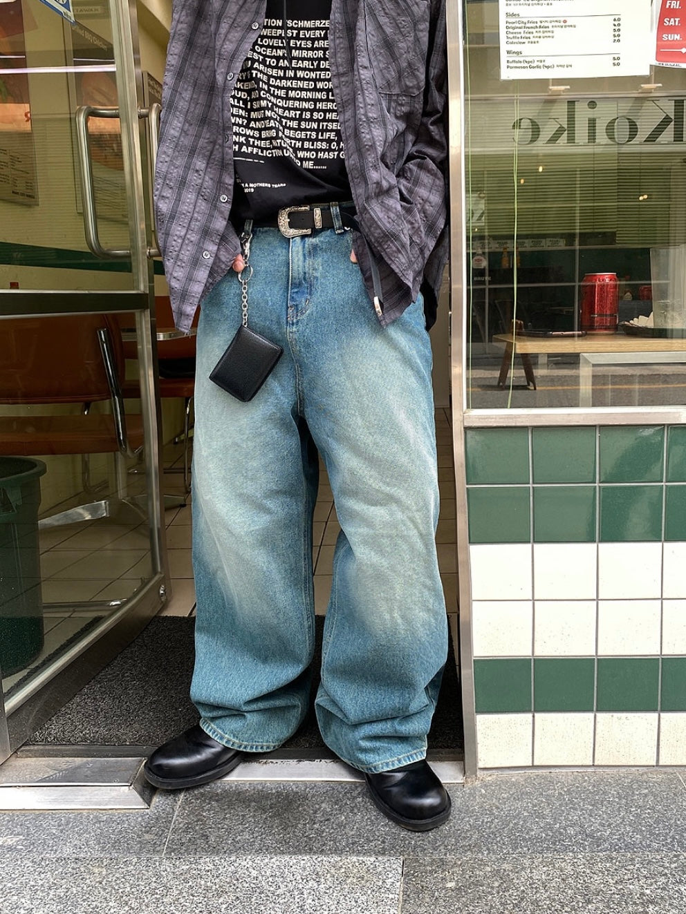 Color Washing Denim Wide Jeans
