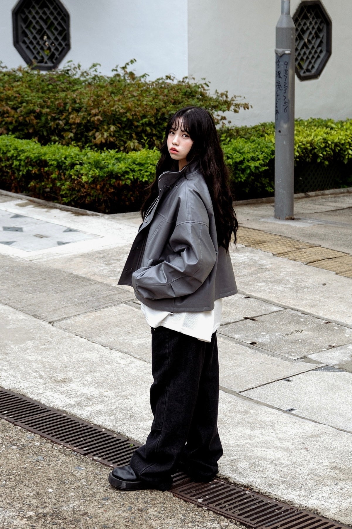 Eyelet crop leather jacket