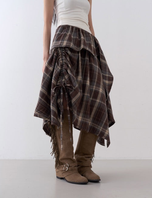 Checker Shirring Flare Skirt