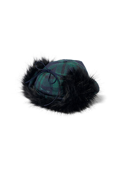 TARTAN FAUX FUR EARFLAP CAP, GREEN