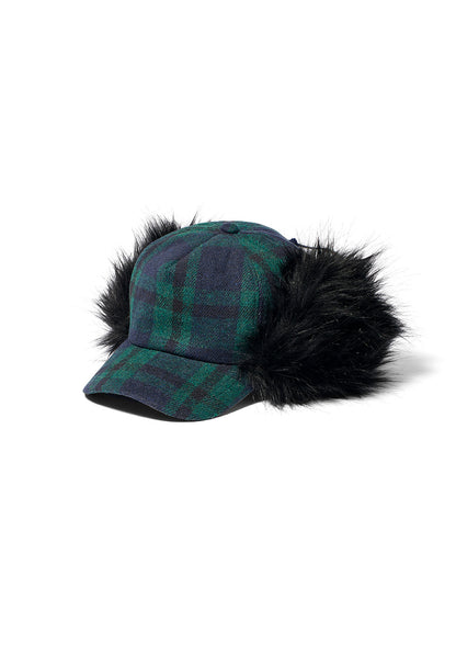 TARTAN FAUX FUR EARFLAP CAP, GREEN