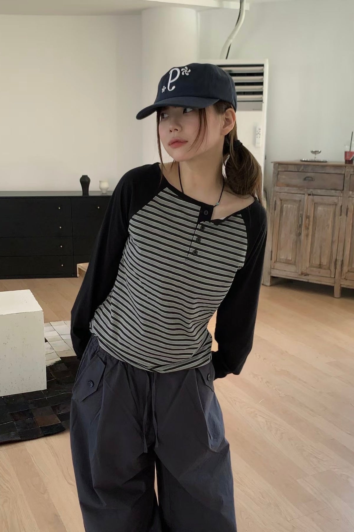 Striped Button Raglan (purple)
