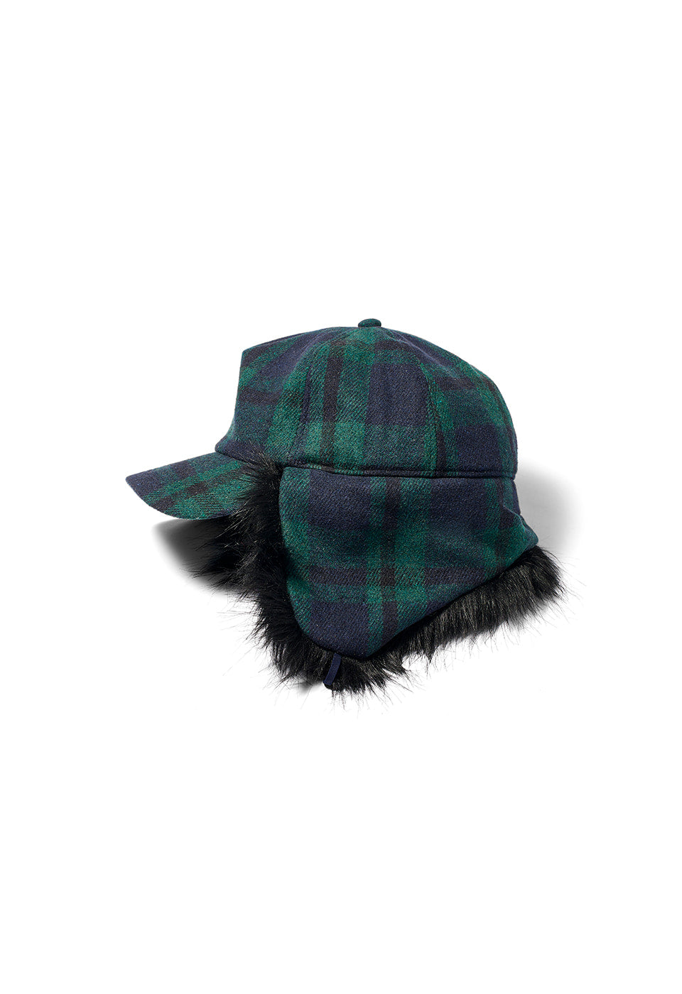 TARTAN FAUX FUR EARFLAP CAP, GREEN