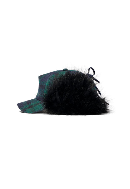 TARTAN FAUX FUR EARFLAP CAP, GREEN