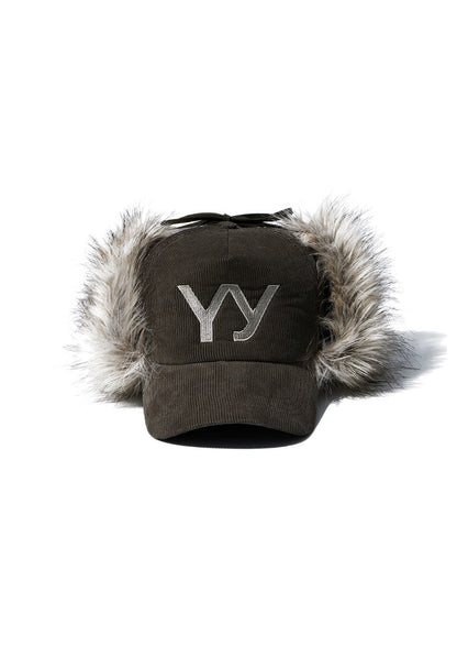 FAUX FUR CORDUROY EARFLAP CAP, KHAKI