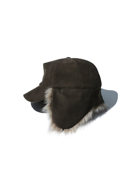 FAUX FUR CORDUROY EARFLAP CAP, KHAKI