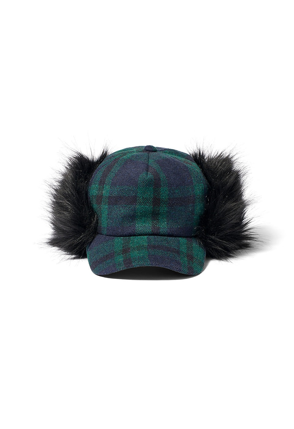 TARTAN FAUX FUR EARFLAP CAP, GREEN