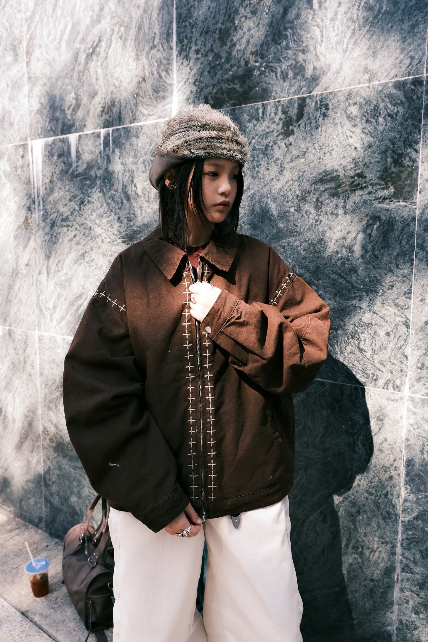 Furry Striped Ear Flap (khaki)