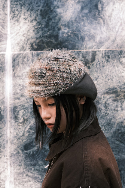 Furry Striped Ear Flap (khaki)