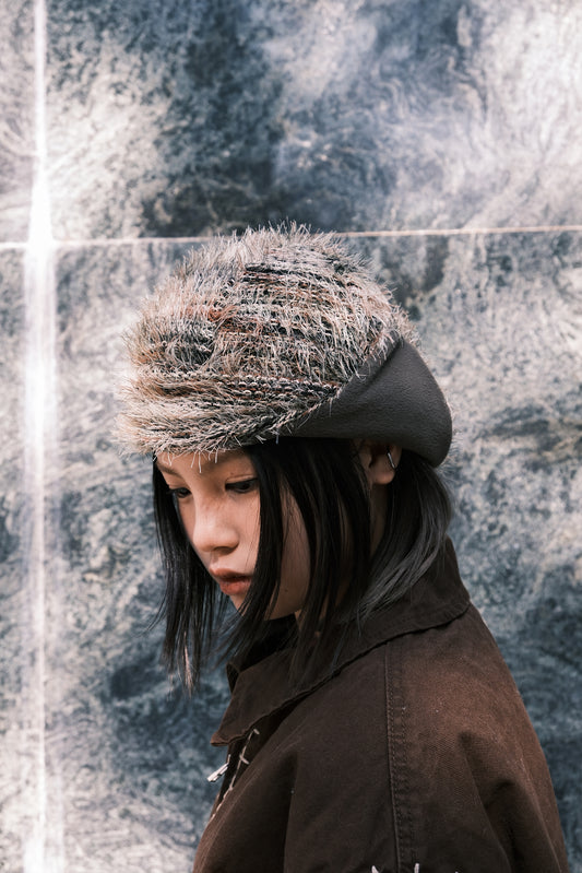 Furry Striped Ear Flap (khaki)