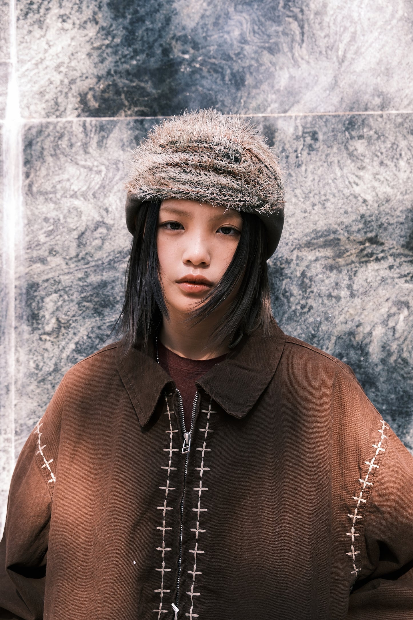 Furry Striped Ear Flap (khaki)