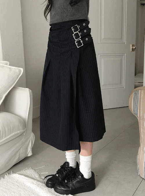 Stripe Buckle Wrap Skirt