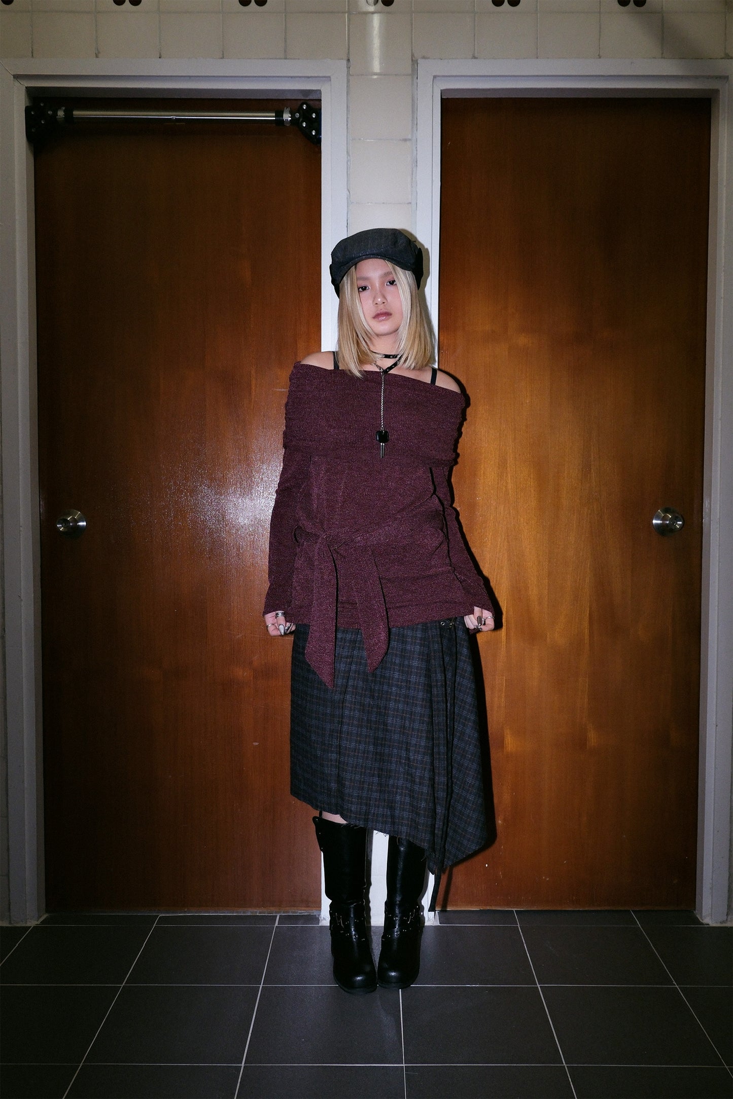 Wool Checker Buckle Skirt