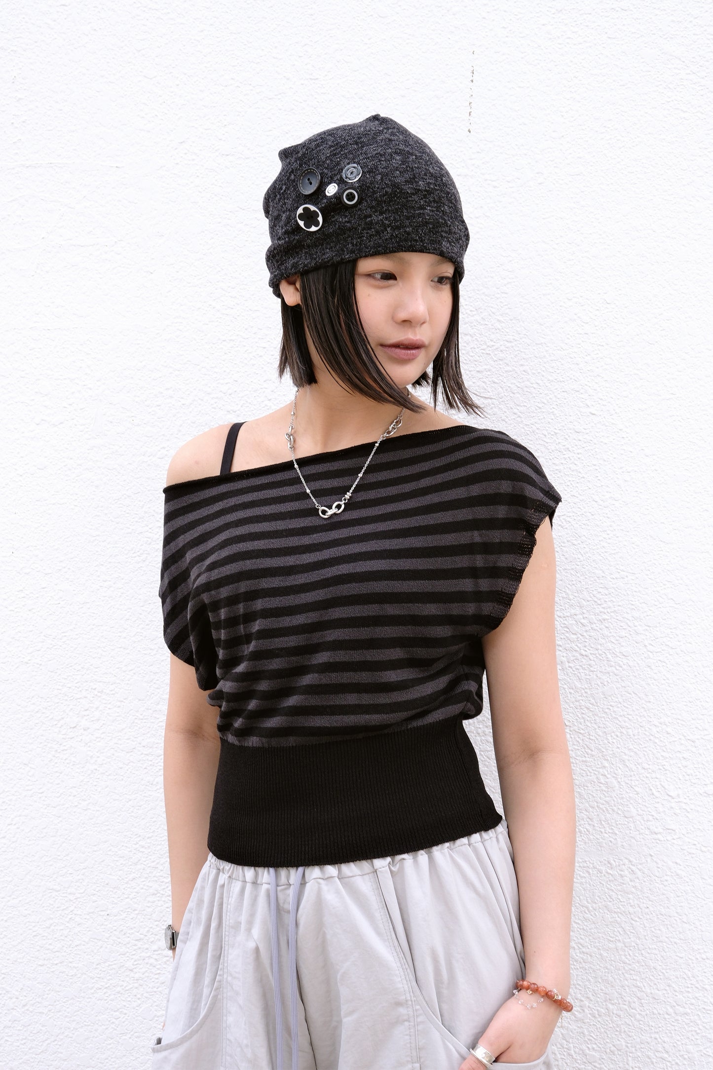 Stripe Mesh Off Shoulder (black)