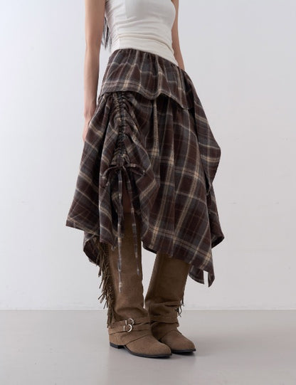 Checker Shirring Flare Skirt