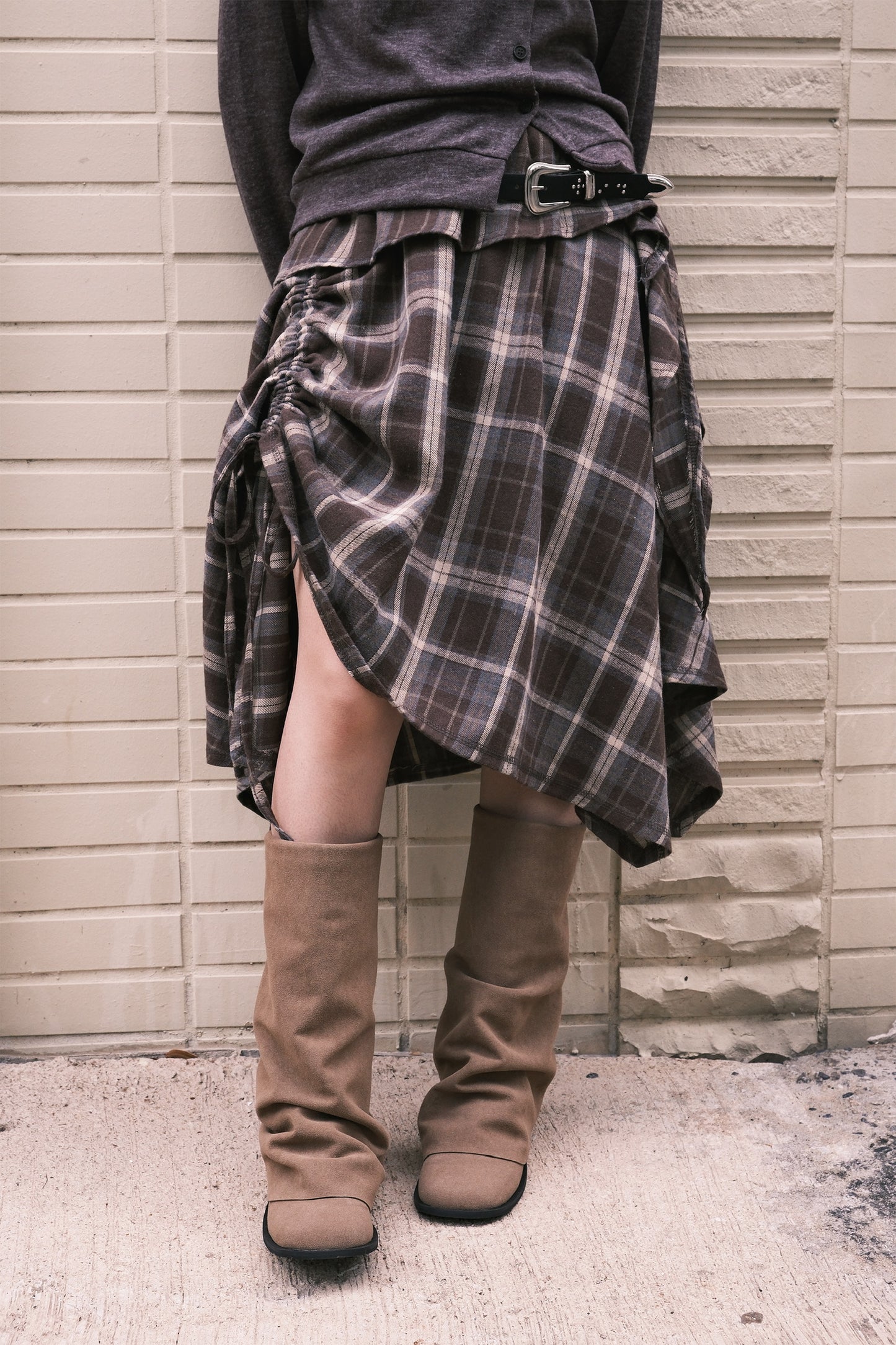 Checker Shirring Flare Skirt