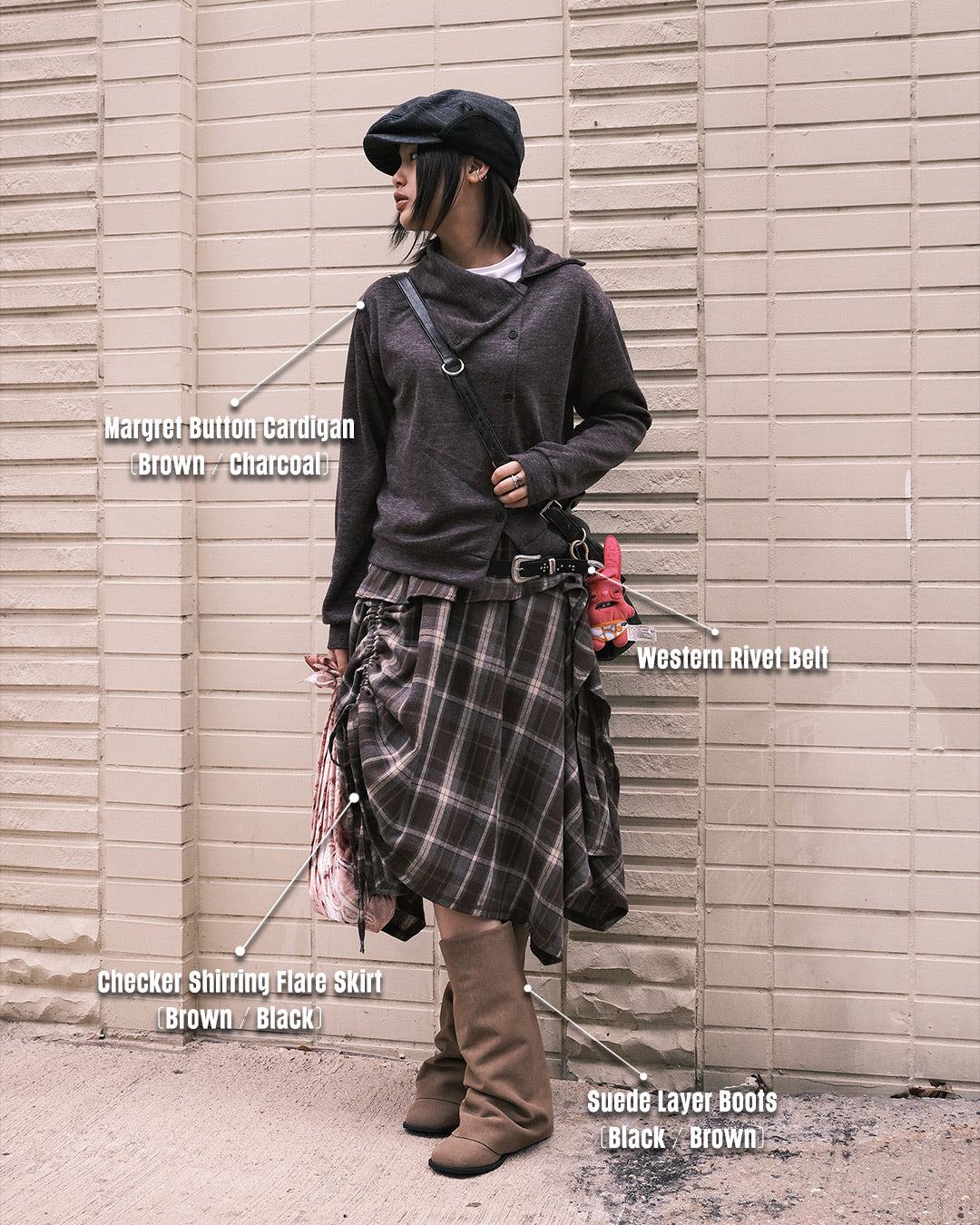 Checker Shirring Flare Skirt