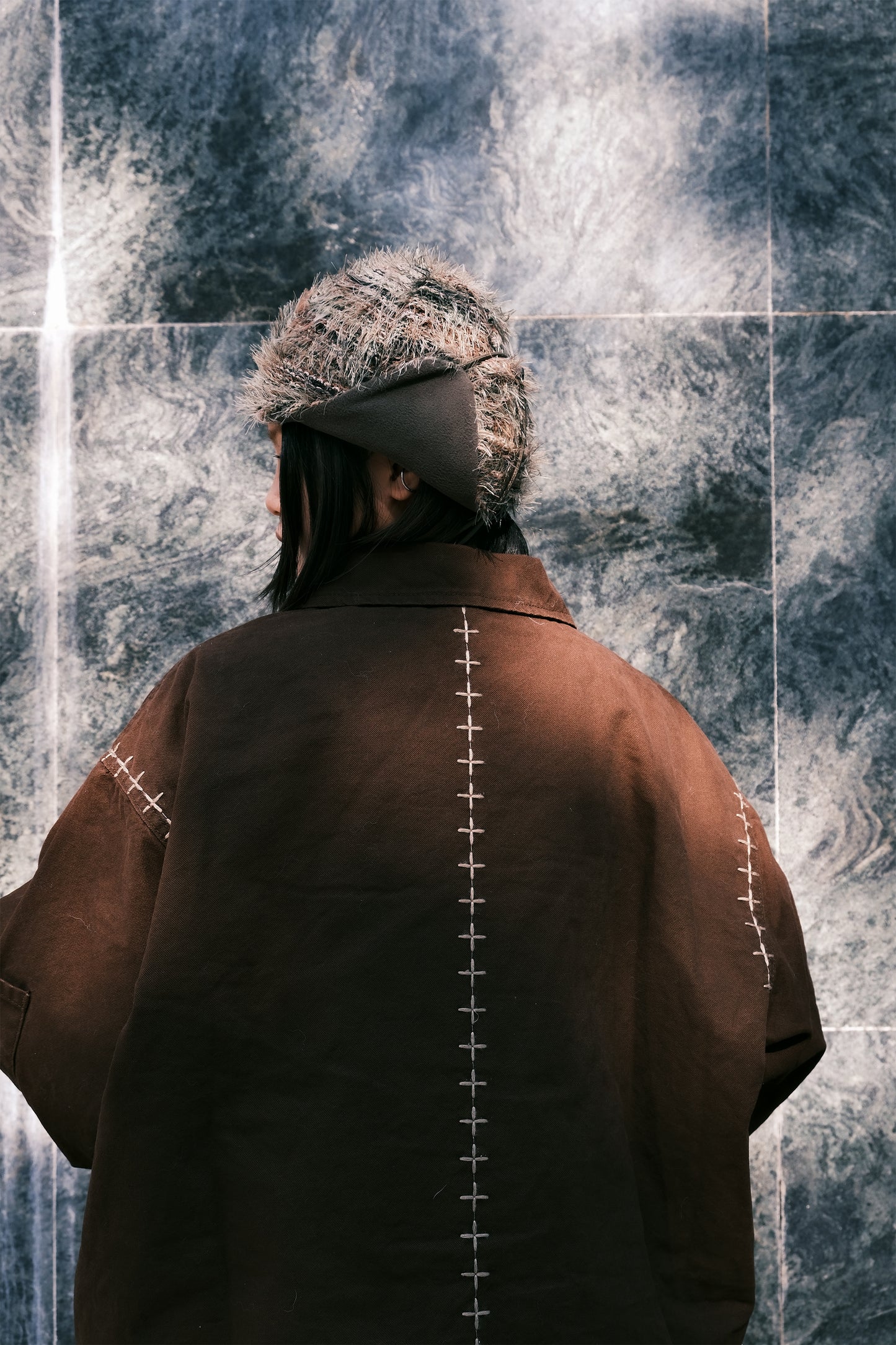 Furry Striped Ear Flap (khaki)